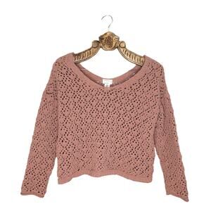 Nicole Miller Open Weave Crochet Knit Crop Sweater Clay Wide Neck Beachy Boho M